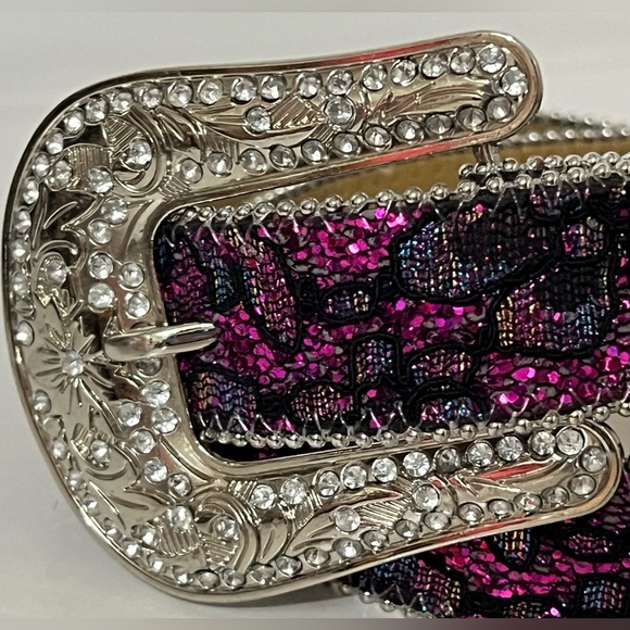Nocona | Pink and Black Lace with Rhinestone Buckle Belt - Picture 2 of 9